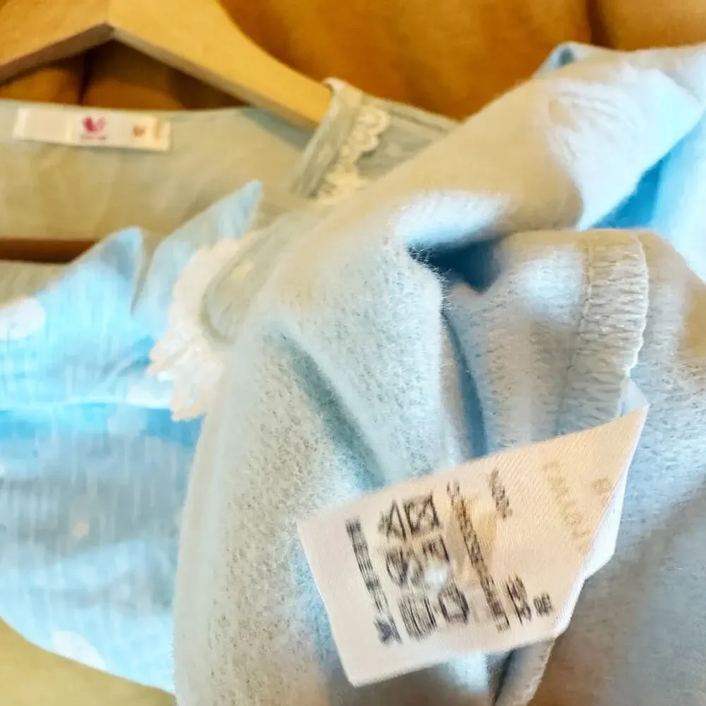 Wacoal Blue Floral Fleece Flannel Pajama Set Heart Lace Pockets Size M